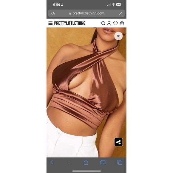 prettylittlething Chocolate Satin Cross Front Ruched Waist Halterneck Crop Top - Picture 3 of 11